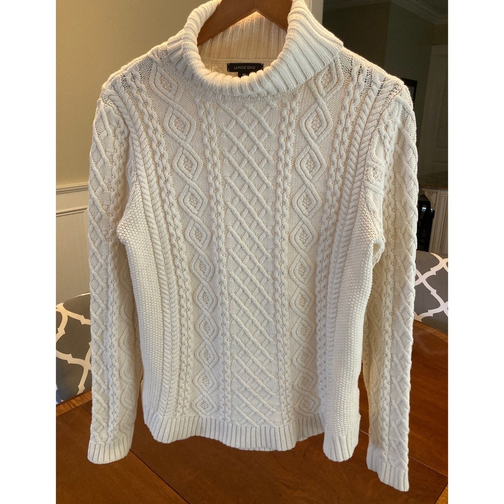 Lands End Womens Cream Cable Knit Mock Neck Sweater Cotton Blend Size M 10-12